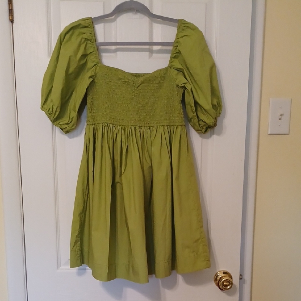 Kourt Sz L, Muted Lime Green Puff Sleeve Dress, Cotton, Elastized Back And Bust